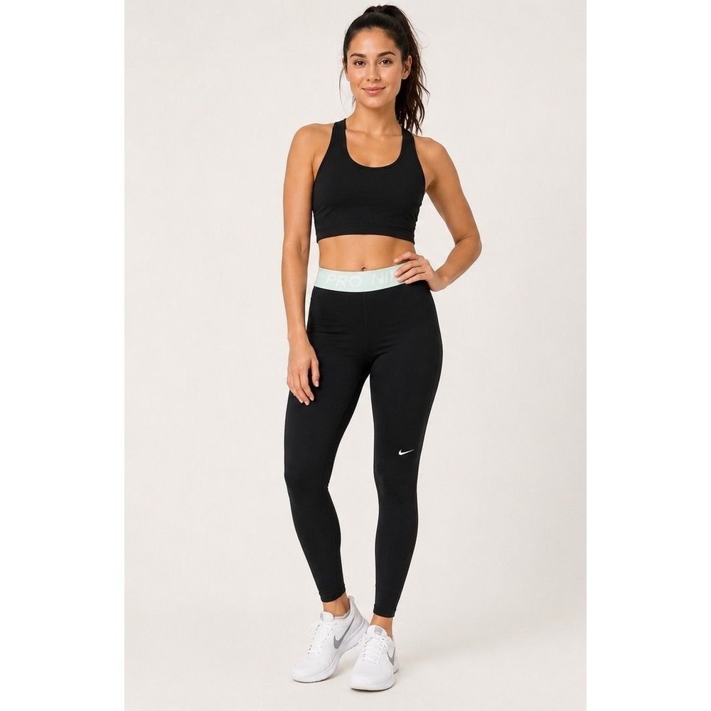 Nike Pro Dri-FIT Women Leggings Black Mint Green Waistband Mesh Panels Sz Large